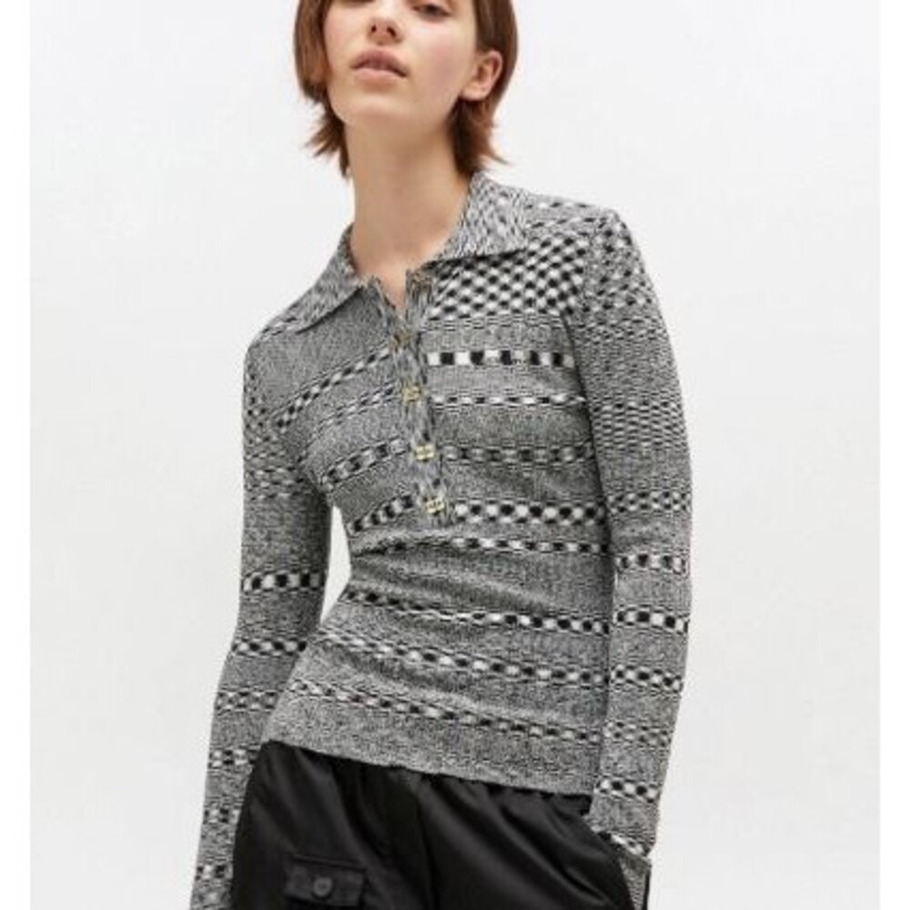 GANNI Space-Dye Check Polo Neck Top Stretchy Medium